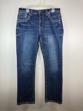 Western Blue Men Jeans Straight Fit Cowboy Thick Stitch Embroidered Size 34X32